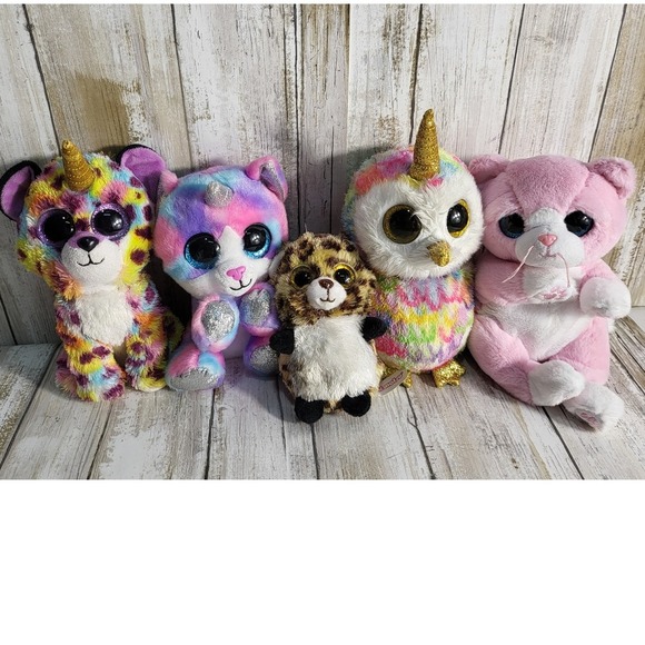 Beanie Boo Plush Unicorn Owl Leopard Kitty Cat Bundle, Stuffed Animals Set of 5 - Picture 2 of 5